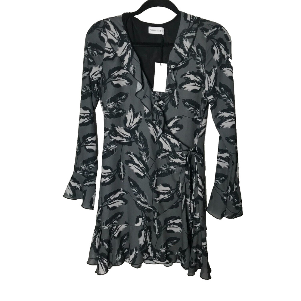 Roe Mae Women's Wrap Dress Mini Long Sleeve Ruffle Lined Gray New small 4